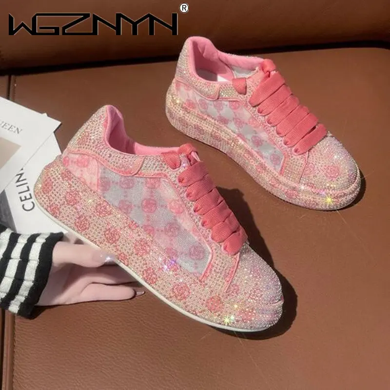 

Spring Summer Breathable Lace Mesh Sneakers Women's Skateboard Shoes 2023 New Rhinestone Womens Platform Shiny Shoes Fashionable