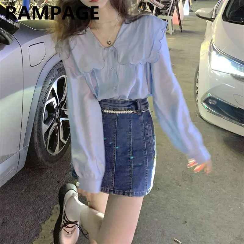 Korean Version of Small Blue Doll Collar Shirt for Women in Spring Autumn Cute Wave Collar Shirt Chiffon Top