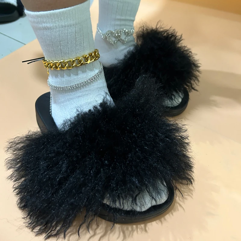 Summer Women Faux Furry Mongolian Fur Slides Shoes Fluffy Leopard Sandals Open Toe Shoes Women Cheetah Print Slide Cow Slippers