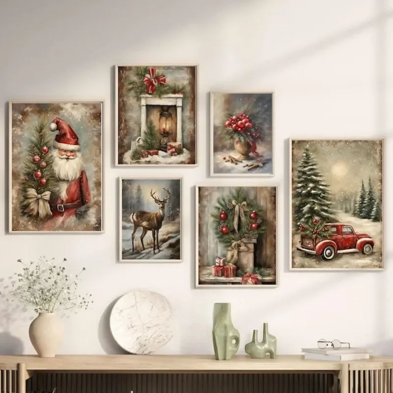 Multiple sizes 1pc frameless Canvas Painting,1pc frameless Canvas Painting Vintage Christmas Prints Frameless Canvas Poster, Win
