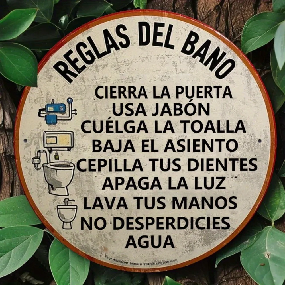 Letrero de metal con reglas de baño español, decoración de humor vintage plana redonda 2D de 7,8x7,8 pulgadas, arte de pared divertido para Bar en casa