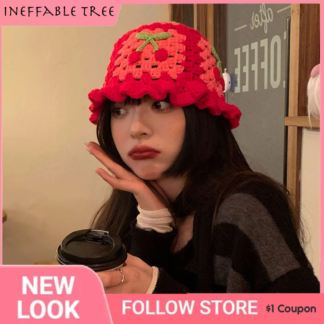 

INS Women Crochet Hand-made Sweet Cherry Knit Red Pink Bucket Hat Cap Viseira