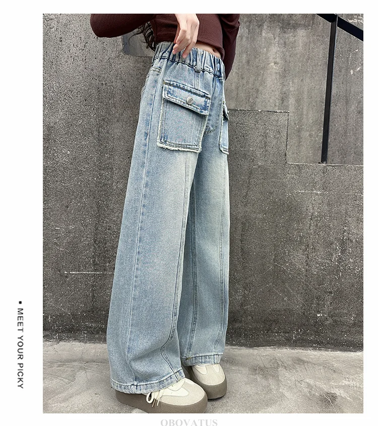 Kinderjeans mit gerader Passform und Fronttasche für Mädchen, Frühling, Baumwolle, Vintage, lässige, lockere Denim-Hose, einfarbige Jeanshose für Kinder – Detail 4