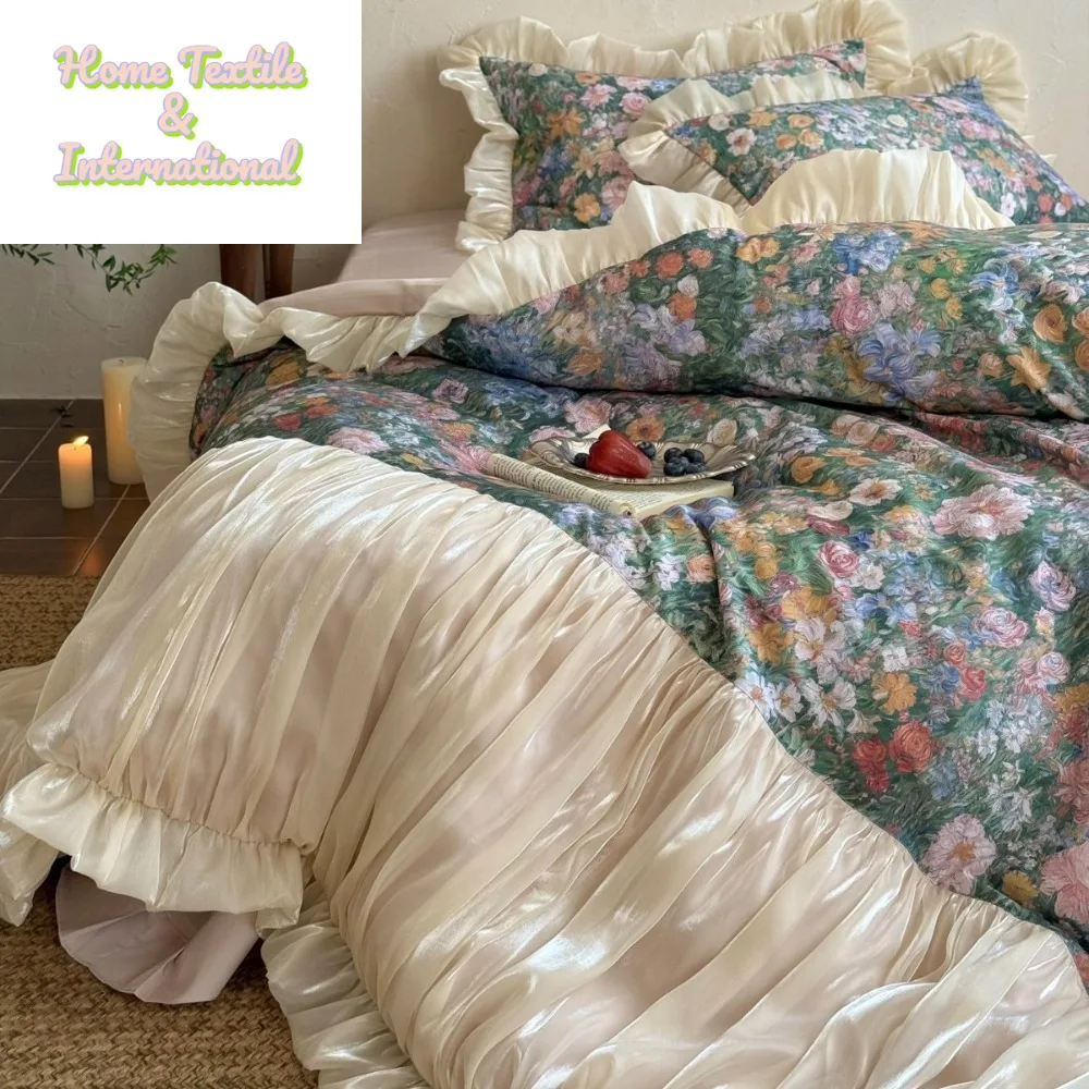 Egyptian Cotton Princess Bedding Set Luxury Lace Ruffles Flowers Printing Duvet Cover Bed Sheet Pillowcases Home Textile