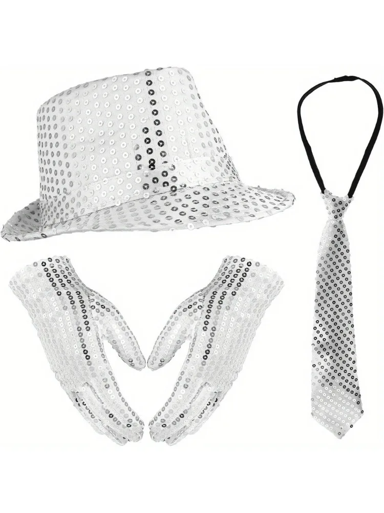 

A sequined fedora sequined gloves sequined tie suit, sequined dance jazz hat Silver silver holiday party wear with party
