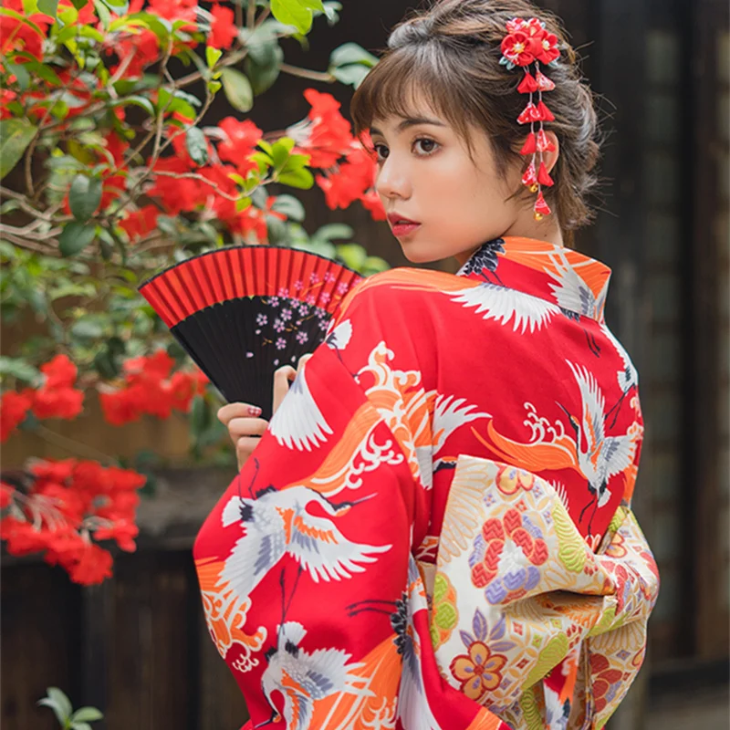 

Women's Japan Kimono Red Color Crane Prints Yuaka Robe Cosplay Clothing Stage Performing/Photo Shooting Wear