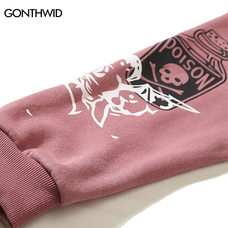 Hip Hop Pink Fleece Hoodie Streetwear Skull Graffiti Letter Graphic Print Punk Goth Hooded Sweatshirt 2023 Men Harajuku Pullover