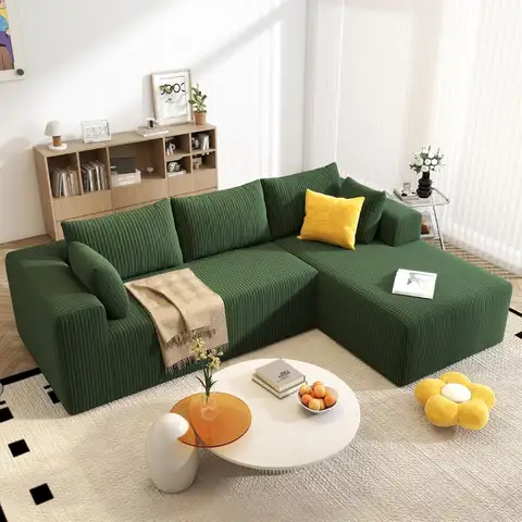Boneless Couch with L-Shape Chaise, 105" Couches for Living Room, Corduroy Boneless Sofa w/27.56" Deep Seat,, Customized