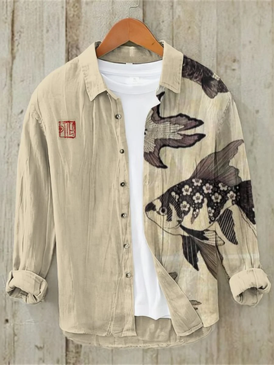 2025 new retro Hawaiian men's fish pattern linen printed long-sleeved shirt, casual blouse, fashion loose and breathable