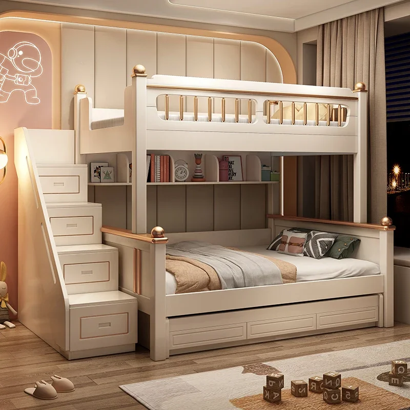 

Children's upper and lower beds Cream wind high and low Bunk with slides Wardrobe Mother and child Small apartment simple upper