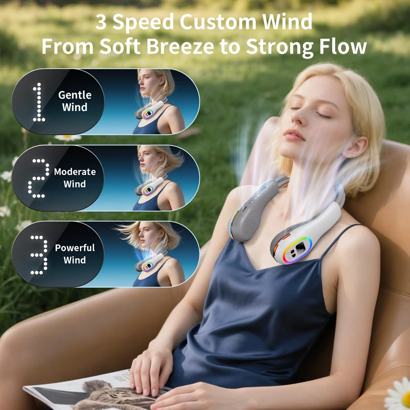 

Портативный шейный вентилятор 360° ° Безлопастной шейный вентилятор с регулировкой направления ветра, аккумуляторный вентилятор 6000 мАч, гибкий охлаждающий вентилятор для наружного использования в помещении