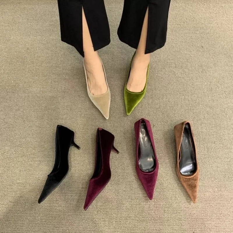 2024 Fashion Heels Shoes Women Low Heel Pointed Toe Pumps Velvet Shoes Slip-on Cozy Heeled Shoes High Heels Women Zapatos Mujer