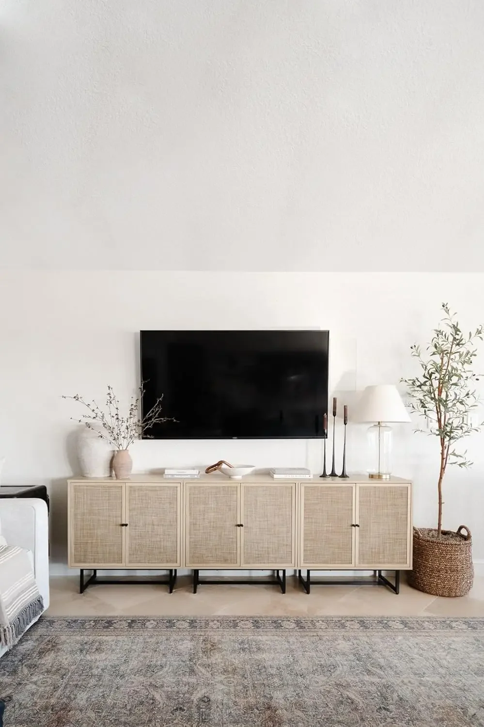 Nathan James Kova-Accent Natural Storage Cabinet, Sideboard Wood and Rattan, Matte Metal Frame, Adjustable Interior