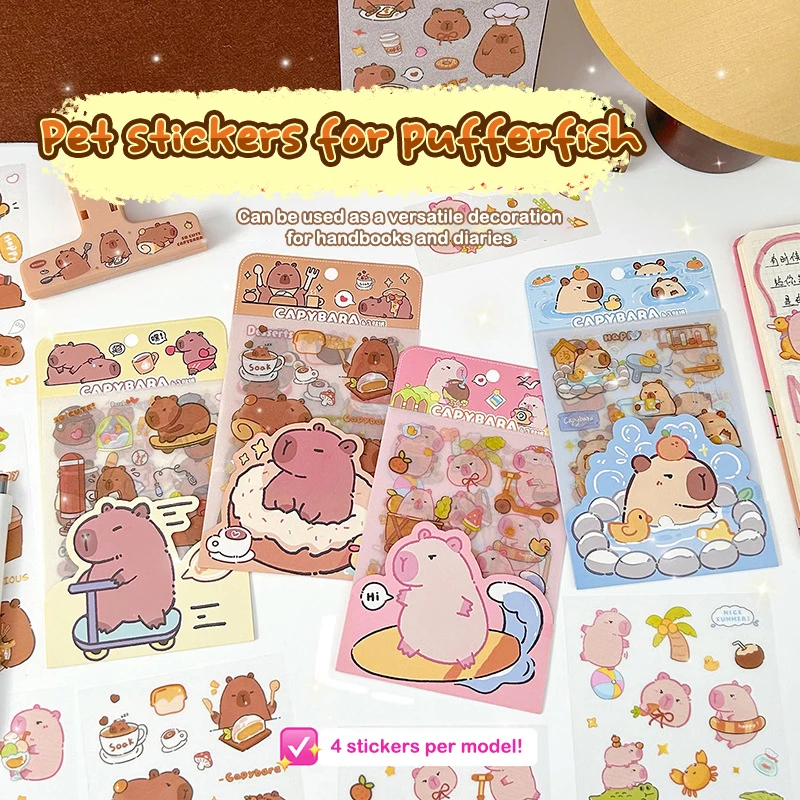 4 lembar Kawaii lucu Capybara Frosted stiker kartun buku harian dekorasi Scrapbooking jurnal stiker estetik alat tulis sekolah