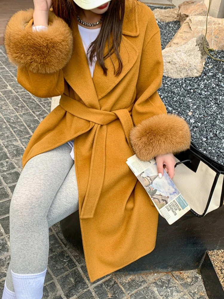 

MENINA BONITA 2023 New Loose Wool&blends Cashmere Coat Autumn Winter Women Woolen Belt Real Fox Fur Cuff Warm Luxury Streetwear