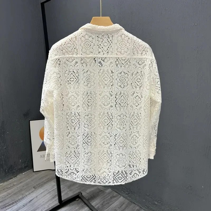 New Men Summer Long Sleeve Shirt, Hollow See‑Through Button Up Top, Lightweight Vacation Street Fashion Crochet Lace Blouse