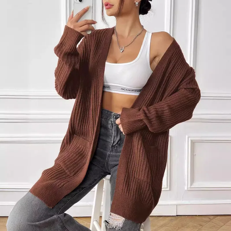 Women Long Knit Cardigan Open Front Pockets Loose Drop Shoulder Long Sleeve Chunky Knitted Sweater Coat Autumn Winter Outerwear