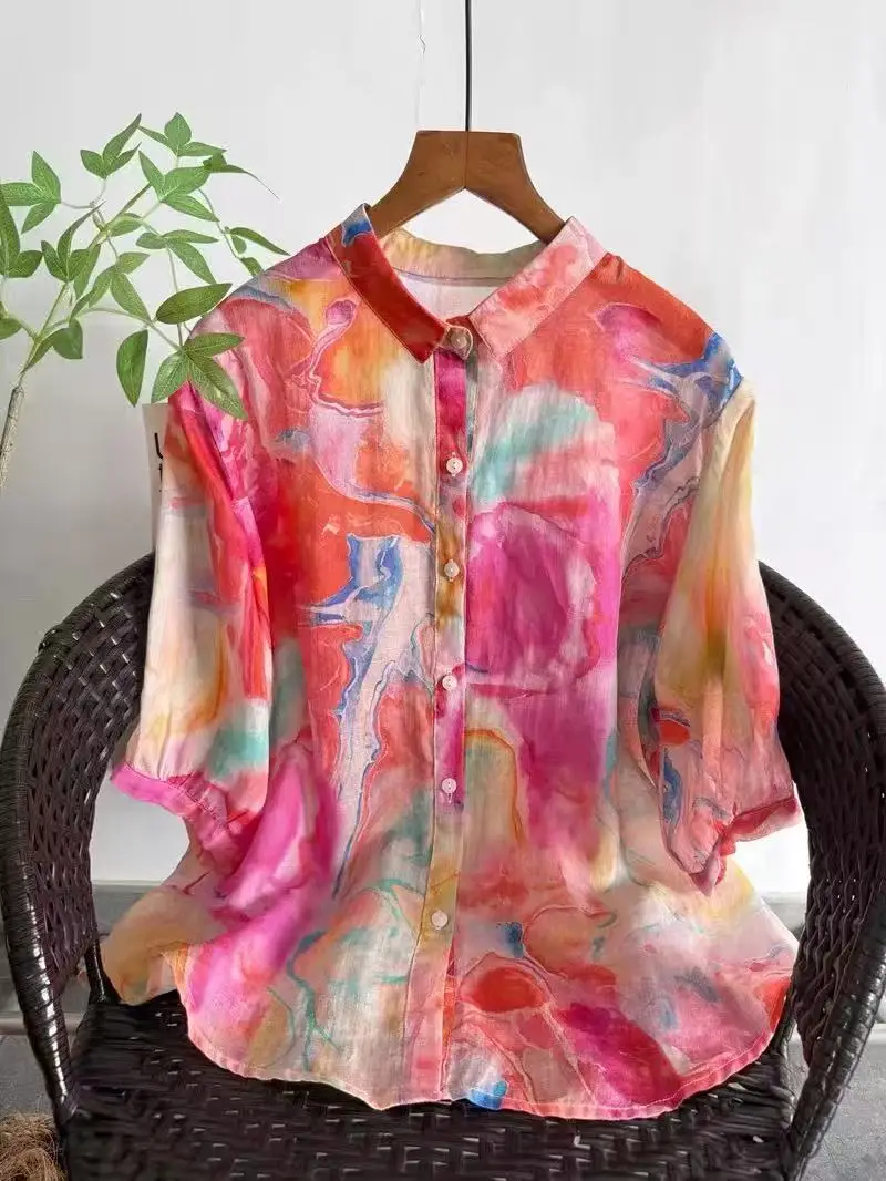 

2026 Pure ramie shirts vintage clothing bohemian half sleeve lapel floral tie-dye print shirts and blouses for women beach tops