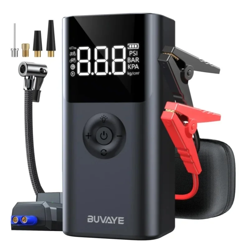 BUVAYE 4-in-1 2500A Tragbarer Starthilfe-Booster mit Powerbank und 150PSI Luftpumpe für 12V Autobatterien