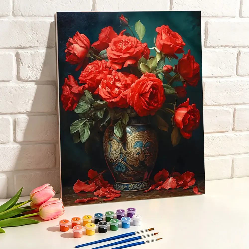 Ölgemälde nach Zahlen: Rote Rosen in Vase, Blumenmalerei, digitales Ölgemälde, DIY-Set, Bild, Kunsthandwerk auf Leinwand, Heimdekoration, Geschenk