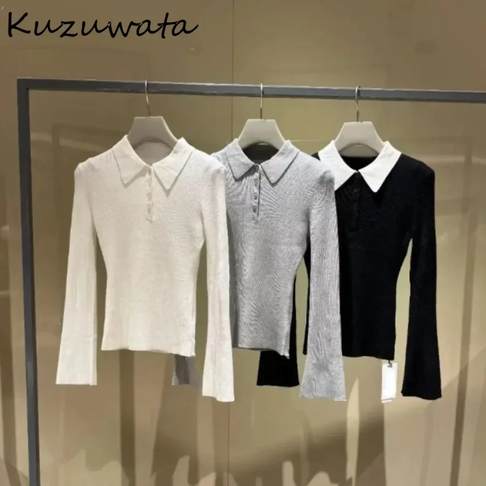 Kuzuwata Simple Slim Fit Turn-down Collar Flare Sleeve Sweaters Knit All-match Solid Pullover Japan New Fresh Fashion Pull Femme