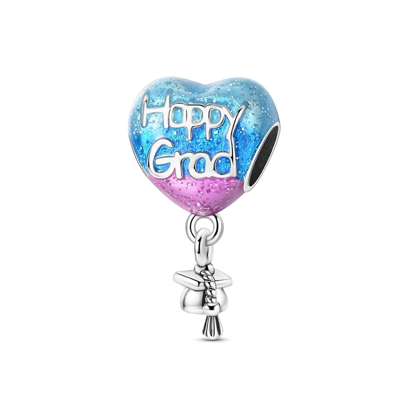 Beads 925 Silver Heart Graduation Cap Charms Fit Bracelets Bag Keychain Charms for DIY Bracelet Necklace Grad Party Gift Jewelry