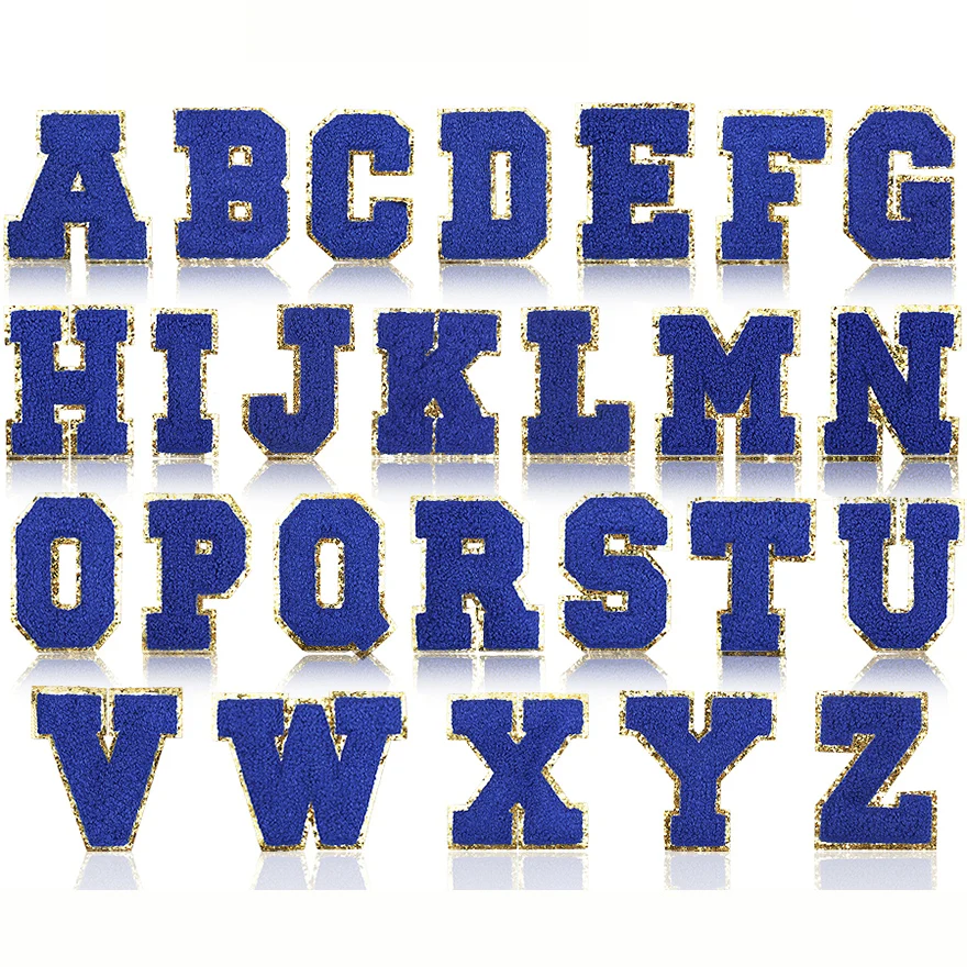 1 piece 8cm Blue English Letters Embroidered Sequins Towel Chenille Patches Sewing Jacket Bag Clothing Demin Applique Badge