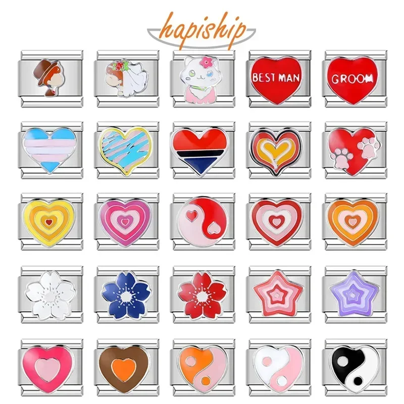 Hapiship Color romántico corazón estrella Flwoer Tai Chi italiano encanto enlaces ajuste 9mm pulsera de acero inoxidable joyería DIY fabricación