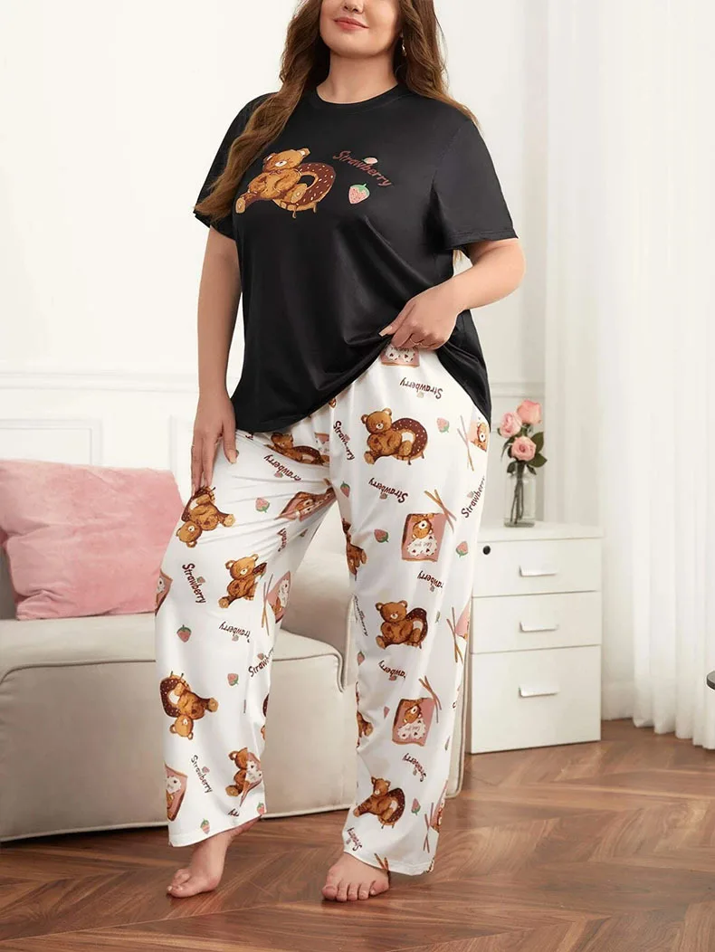 Plus Size 5XL Oversize Women\'s Pajamas Set Cartoon Print Sleepwear Smooth Soft Short-sleeved T-shirt Trousers Nightwear Homewear