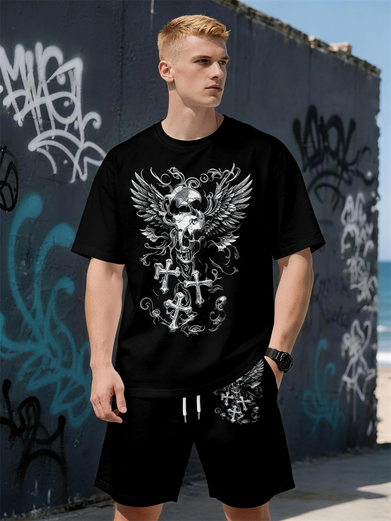 

2026 Summer New Men's Short-Sleeved Set with 3D Skull Pattern - Fashionable Street Style Comfortable Lightweight Soft