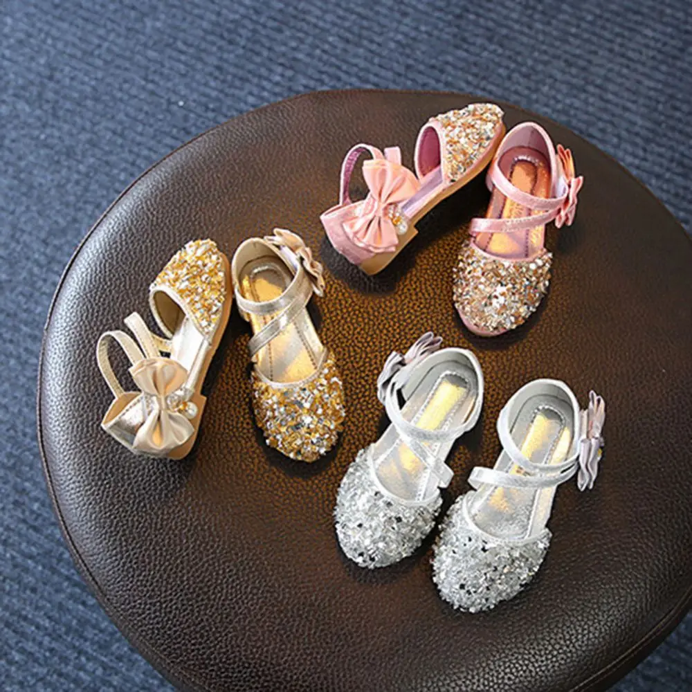 Summer Girls Sandals Fashion Rhinestone Bow Sequins Girls Princess Shoes Baby Girl Dance Shoes Glitter Casual Toddler Girl Sanda