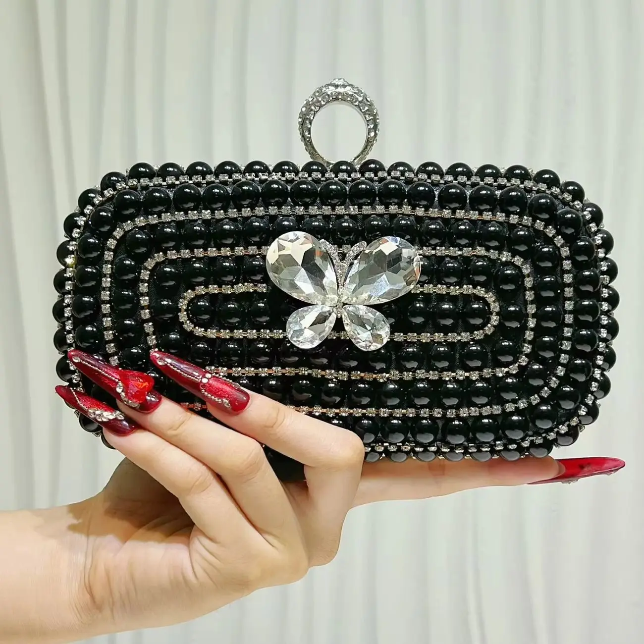 

Handmade CHIC Party Luxury Diamond Pearls Clutches Women Handbag Butterfly Rhinestone Fashion Lady Evening Cosmetic Phone Bag