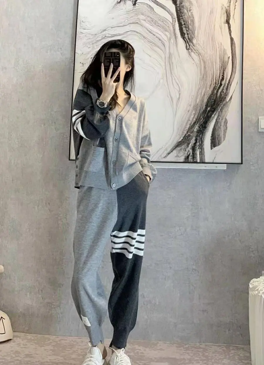 Fashion Striped Patchwork Retro Sports Style Women's Suit Long Sleeved Cardigan Jacket Pants Two-piece Set Autumn Outfits