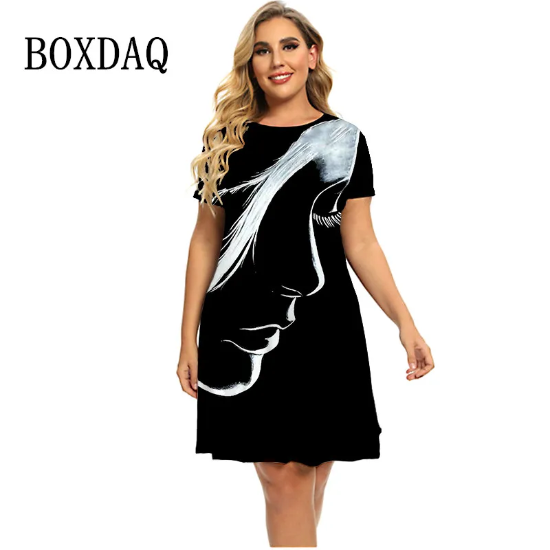 Face Painting Print Dresses Women Short Sleeve Loose Dress Summer Oversized A-Line Mini Dress Casual Ladies Plus Size Clothing