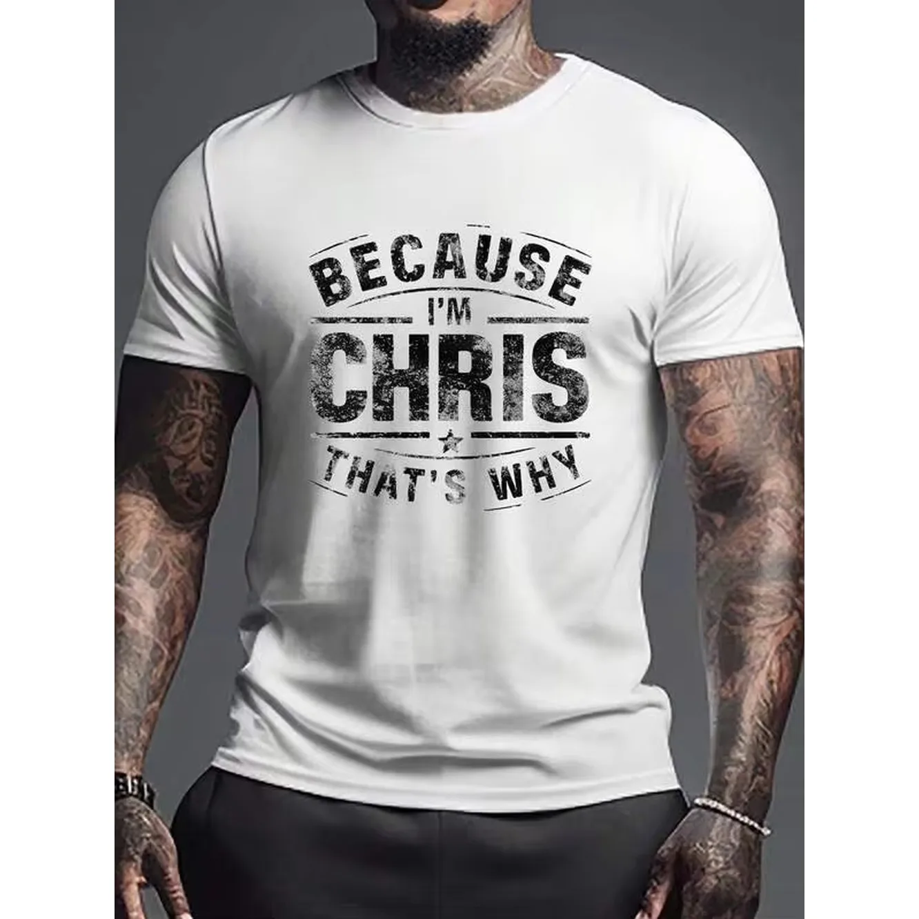 Plus Size Round Neck BECAUSE I'M CHRIS THAT'S WHY Pattern Print Short Sleeve Men's T-Shirt, Summer Casual Loose Sports Men's Tops, Soft And Breathable Comfy Men's T-Shirt