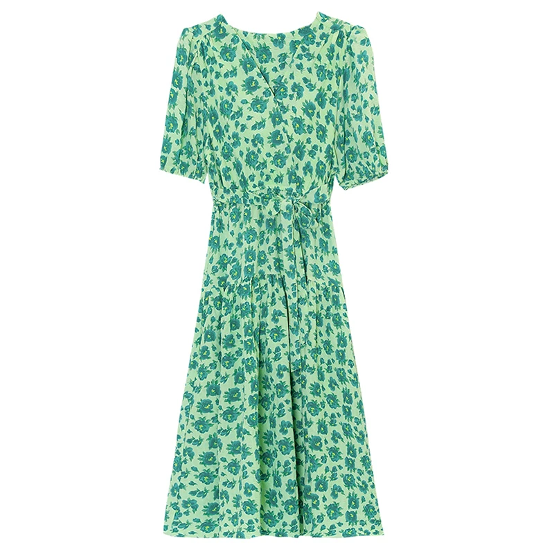 Vestido largo de mujer Retro Floral novedad de verano gasa con cuello en V ajustado Boho Casual playa