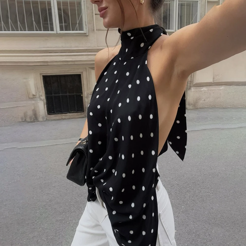 

Tuularose Halter Top Women Summer Off Shoulder Loose Sleeveless Polka Dot Shirt Sweet Casual Tops Chic Irregular Open Back Top