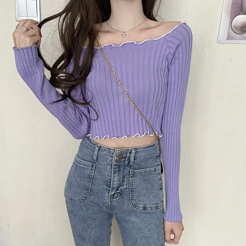 Pullovers Women Spring Korean Style Slash Neck Knitwear Ladies Ins Temperament Elegant Cropped Knitted  Long Sleeve Chic