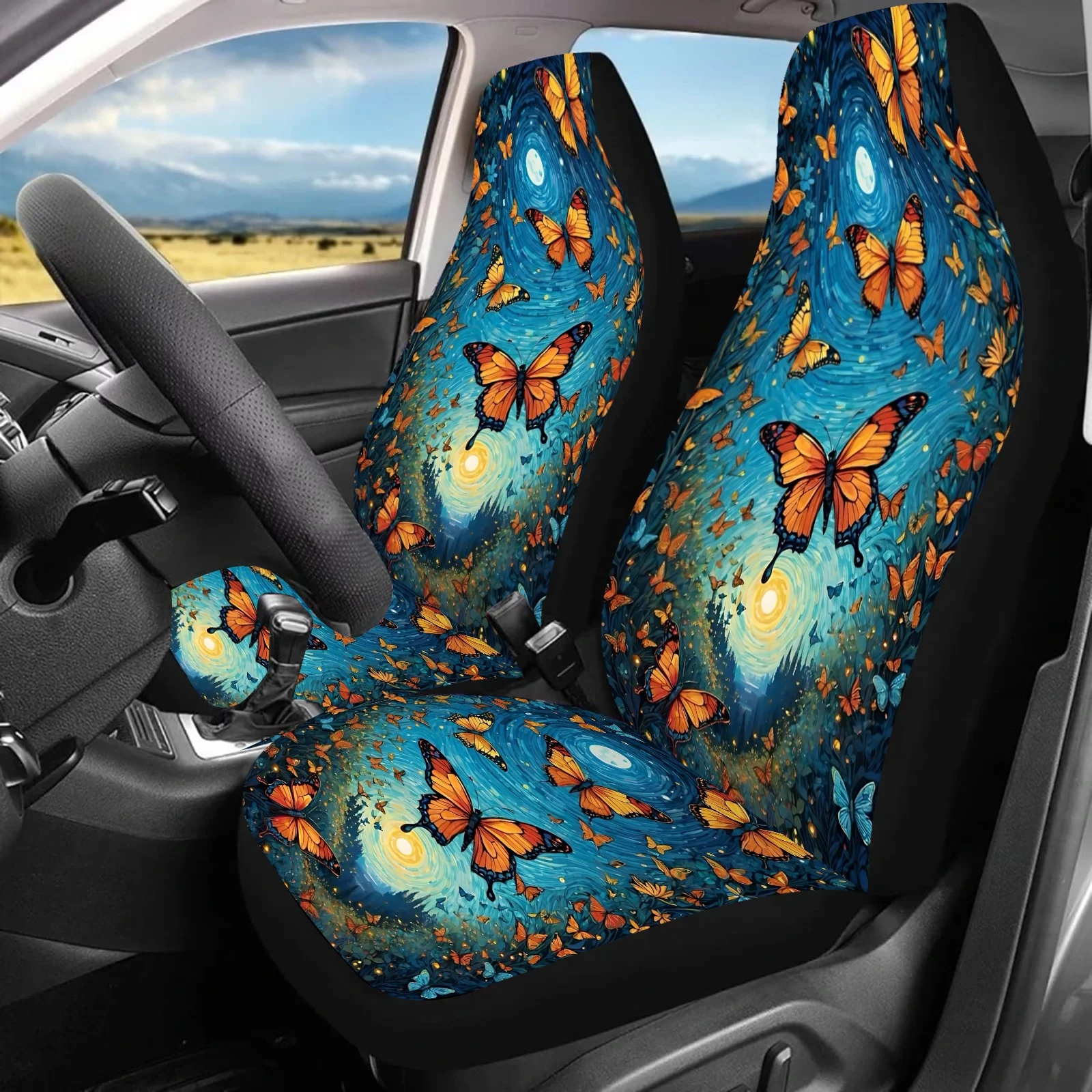 

2pcs Starry Sky Butterfly Print Car Seat Covers - Fit For Cars, SUVs, Trucks, Soft Foam Padding, Vibrant Blue & Orange Design, D