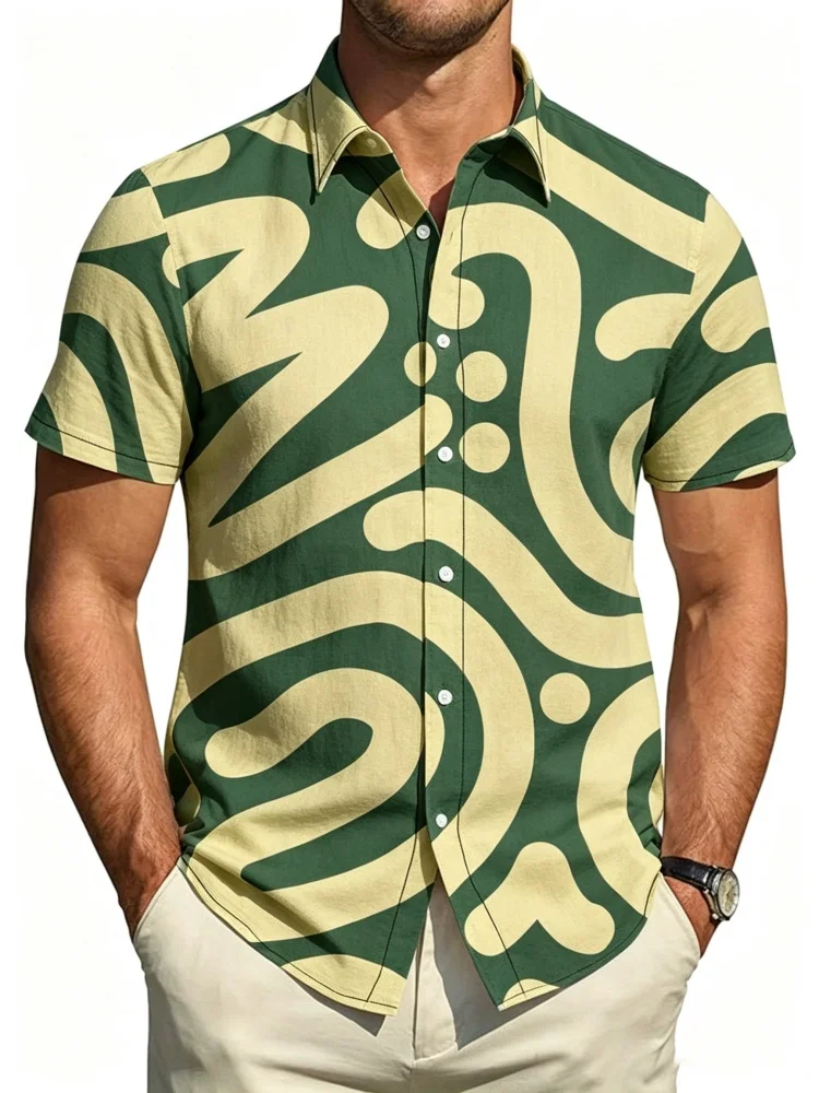 Men's abstract curve printed short sleeved shirt, summer casual loose collar, daily commuting shirt