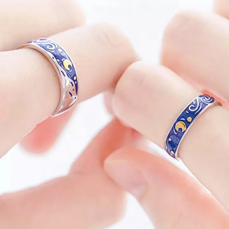 Couple Van Gogh Night Open Rings for Women Men Simple Design Silver Color Lovers Blue Starry Sky Ring Party Jewelry Gifts