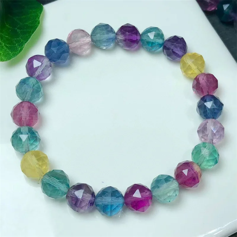 8mm Natural Faceted Fluorite Bracelet Women Fashion Round Stone Elegant Healing Strand Bangles Wristband Gift 1PCS