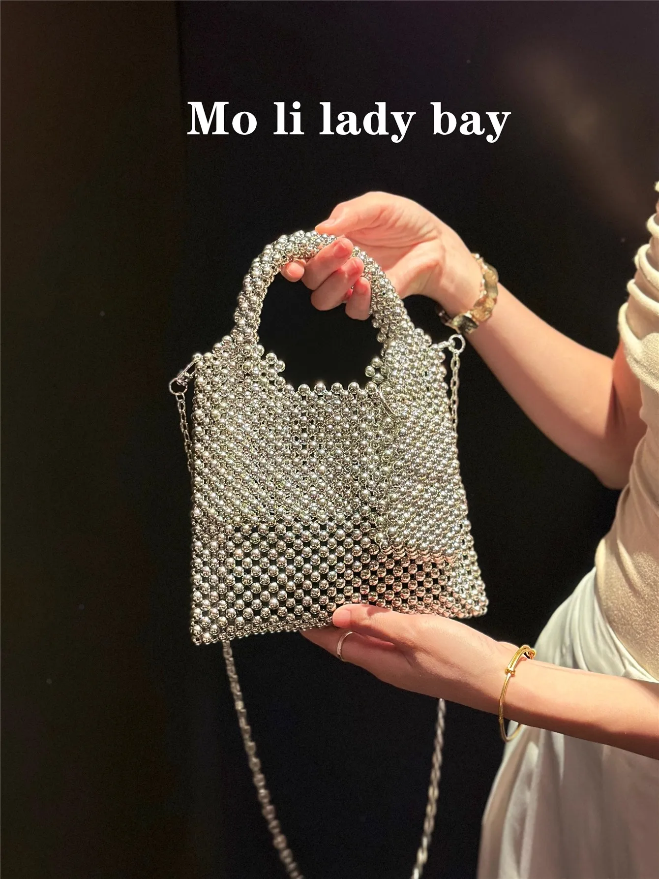 

Shiny Beads Beaded Woven Handmade Bucket Bag Beads Beading Fashion Women Handbag Shoulder Crossbody Bag Female Composite Bag