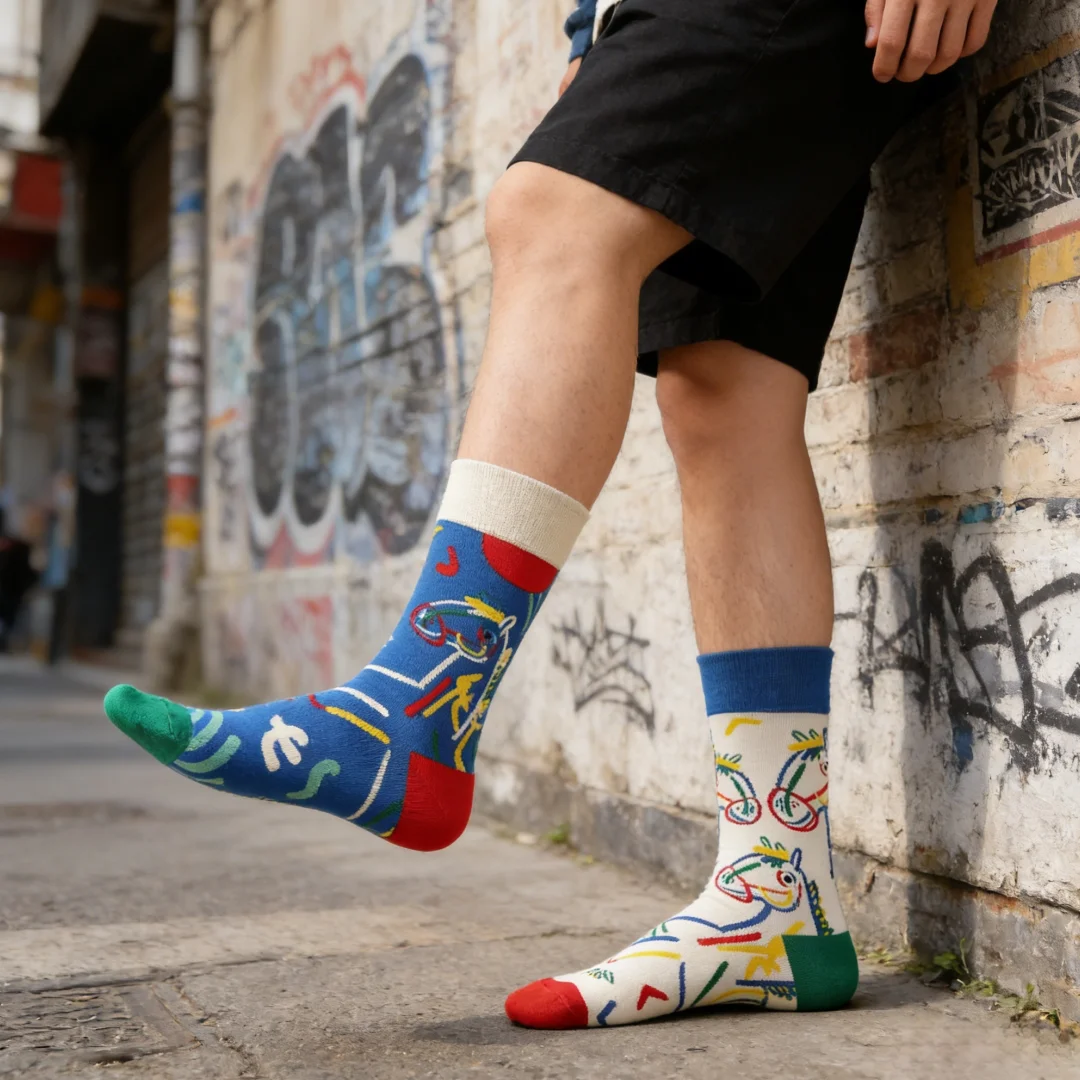 

1 Pair Abstract Pony-print Colour-blocked Asymmetrical fashion socks