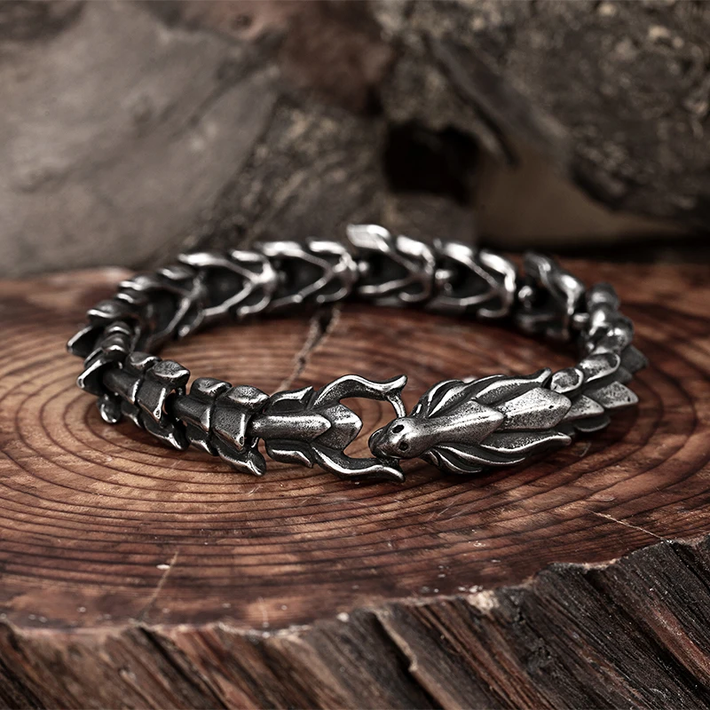 Stainless Steel Retro Dragon Dragon Head Bone Bracelet Men's Personality, Trendy And Domineering Bangle For Boy Boyfriend Gifts