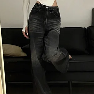 Houzhou-Jeans with wide black vintage female, large dimensions, high street, Korean fashion, wide jeans, grunge, y2k, hip hop Main Sales Women's Pants Jeans - №5