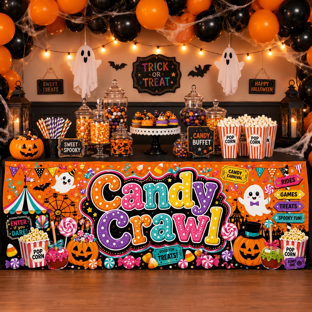 Send a tablecloth set. 1 piece. Halloween candy crawling print polyester tablecloth, suitable for carnival parties.zyc