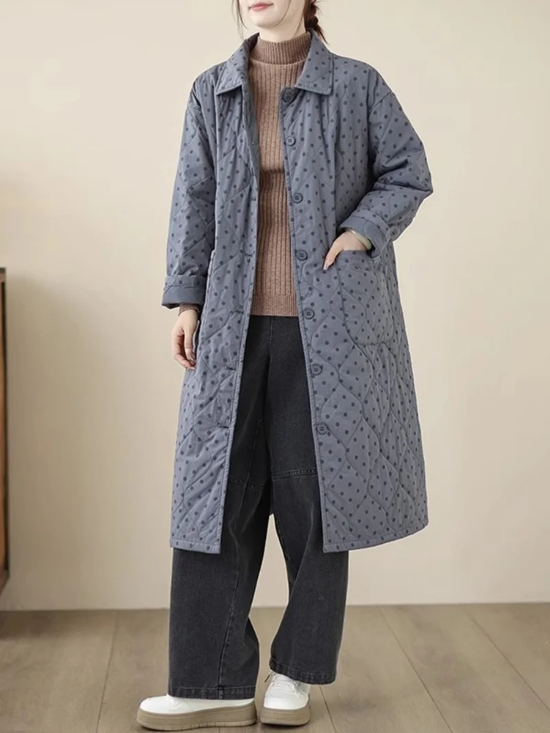 

Верхняя одежда, осенне-зимняя коллекция 2024, стеганая хлопковая куртка в горошек с ромбовидной сеткой, женское длинное толстое и теплое пальто W1107