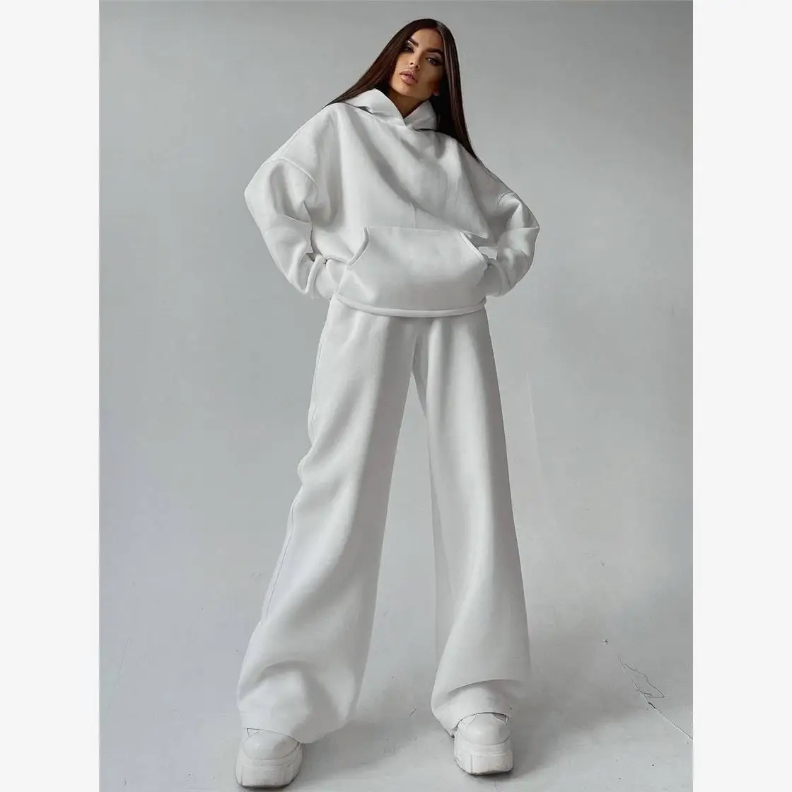 

Женские свободные брюки с капюшоном, комплект из двух предметов, осень-зима, Новое поступление с широкими брюками, удобная уличная одежда