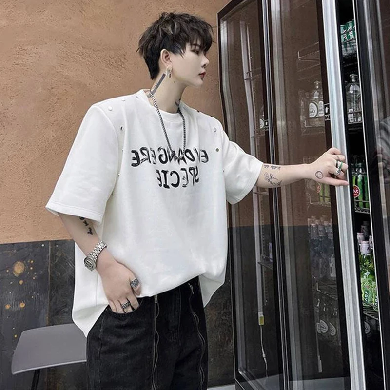 LUZHEN Summer Rivet Metal Decorate Shoulder Pad Short Sleeve 2026 T-shirts Men's Handsome Fashion Letter Printed Clothes JY8191